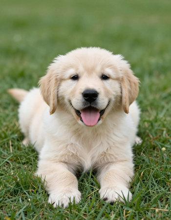 Adorable Golden Retriever puppy sitting on the grass in the garden
