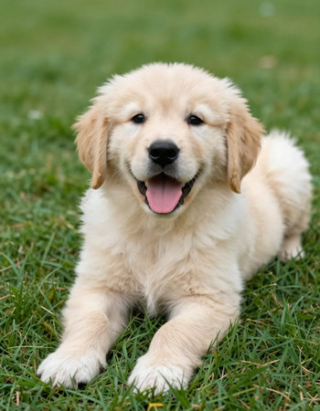 Adorable Golden Retriever puppy sitting on the grass in the gardenの写真素材