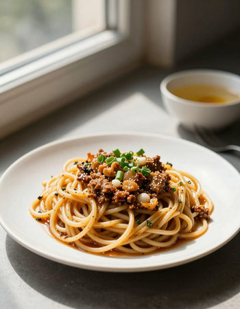Spaghetti bolognese with chickpeas and chivesの写真素材