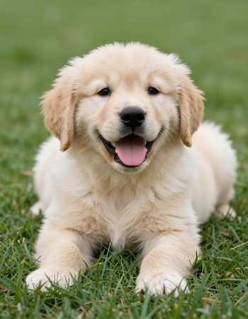 Adorable Golden Retriever puppy sitting on the grass in the garden.の写真素材