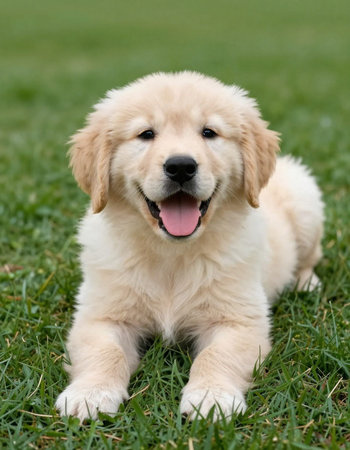 Golden Retriever puppy sitting on green grass in summer day.の写真素材