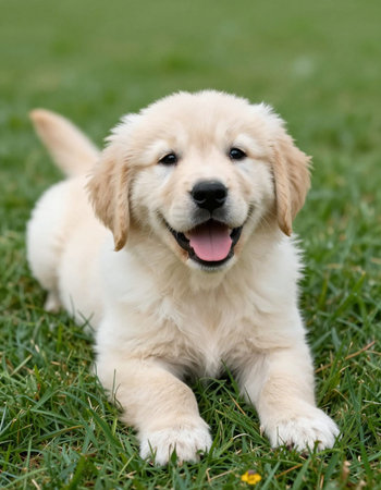 Adorable Golden Retriever puppy sitting on the grassの写真素材