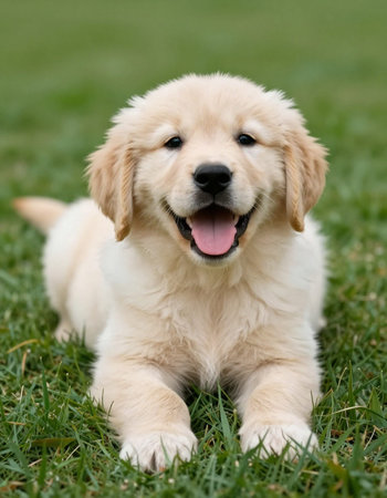 Golden Retriever puppy sitting on the grass in the garden.の写真素材