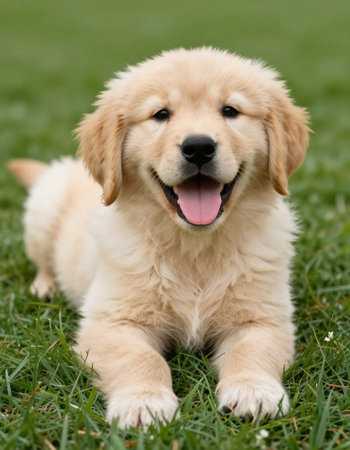 Adorable Golden Retriever Puppy on the Grass in the Parkの写真素材