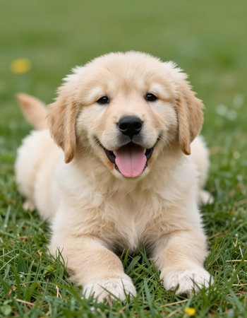 Golden Retriever puppy in the grass on a sunny day.