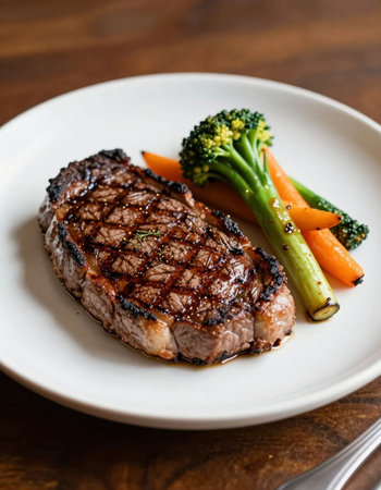 Grilled beef steak with carrot and broccoli in white plate on wooden tableの写真素材