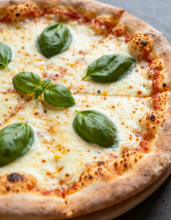 Pizza Margherita with mozzarella cheese and basil leavesの写真素材