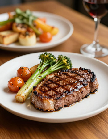 grilled beef steak with vegetables on a white plate in a restaurantの写真素材