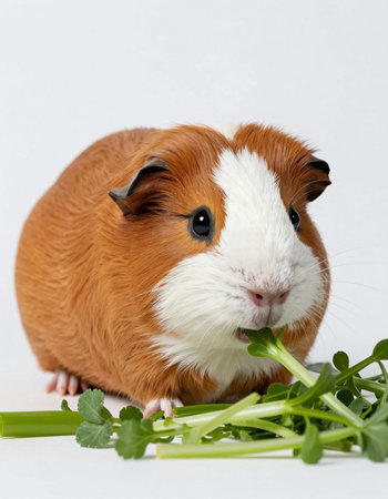 guinea pig with green leaves isolated on white background. studio shotの写真素材