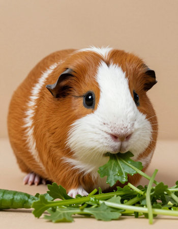 guinea pig with a bunch of fresh green vegetables on a brown backgroundの写真素材