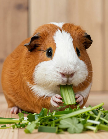 guinea pig eating fresh celery in front of a wooden backgroundの写真素材