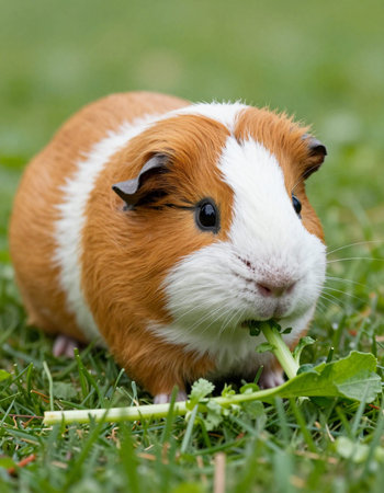 guinea pig on green grass eating a celery stalk, close upの写真素材