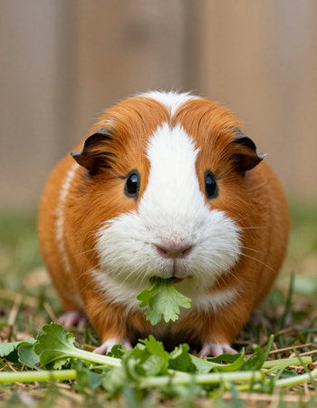 guinea pig eating a celery leaf on green grass in garden