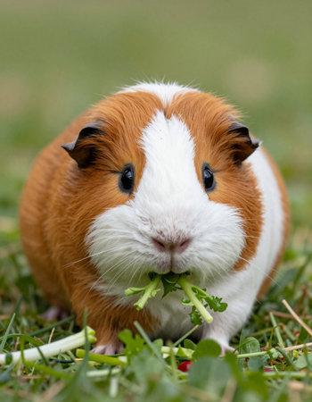 guinea pig eating grass in the garden, closeup of photoの写真素材