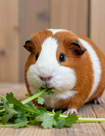 Guinea pig with parsley on a wooden background. Close-up.の写真素材