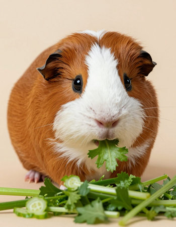 guinea pig with green vegetables on a brown backgroundの写真素材