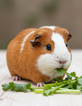 guinea pig with celery on a wooden table, close upの写真素材
