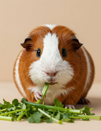 guinea pig with celery on a brown background, close-upの写真素材