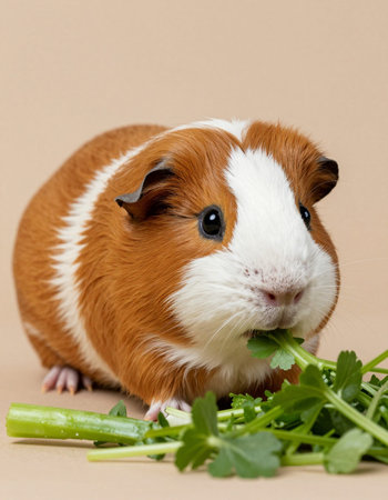 guinea pig with celery on a brown background. studio shotの写真素材