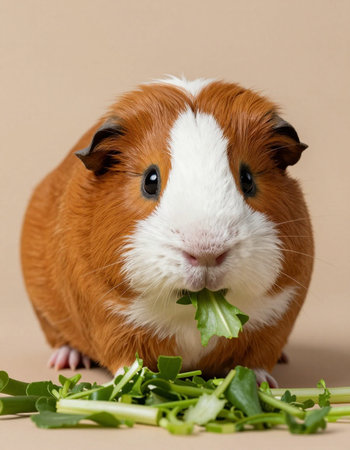 guinea pig with salad on a beige background close-upの写真素材