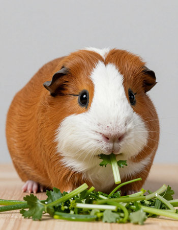Guinea pig with celery on a wooden table against gray backgroundの写真素材