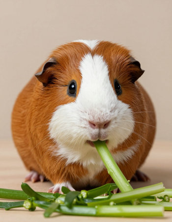 guinea pig with celery on a wooden table and brown backgroundの写真素材