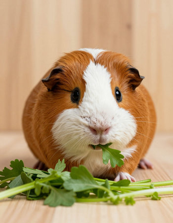 guinea pig with parsley on a wooden background, close-upの写真素材