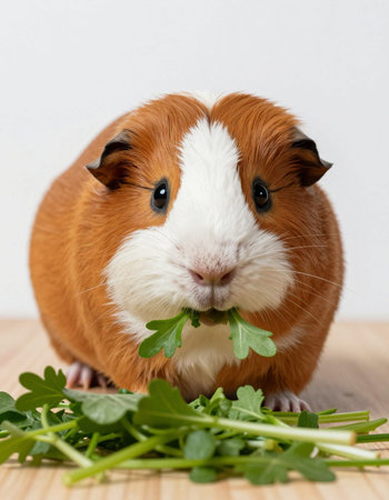 guinea pig eating parsley leaves on a wooden table against a white wallの写真素材