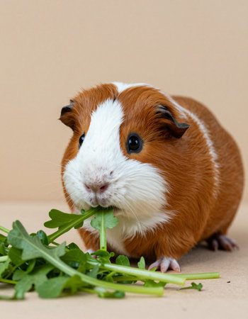 Guinea pig with a bunch of arugula on a brown backgroundの写真素材