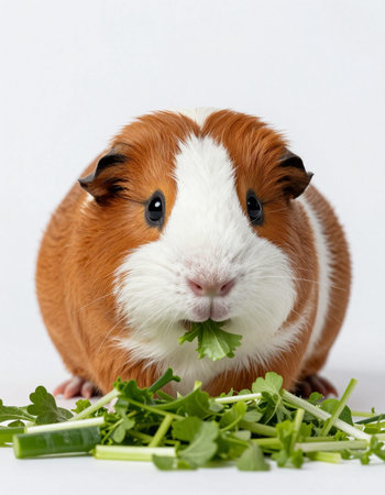 guinea pig eating green salad isolated on white background, close up