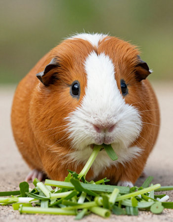 guinea pig eating grass on the ground, closeup of photoの写真素材