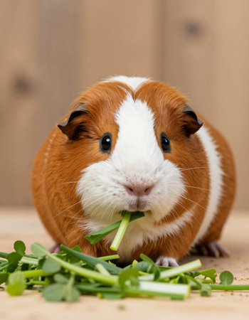 guinea pig eating green leaves on wooden background, close-upの写真素材