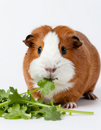 guinea pig with a bunch of arugula on white backgroundの写真素材