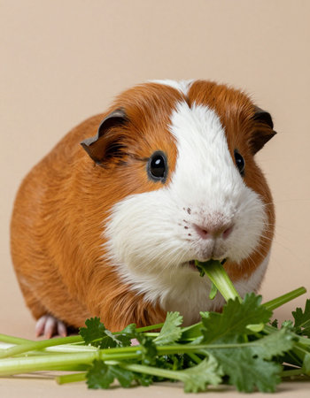 Guinea pig with celery on a brown background. Close-up.の写真素材