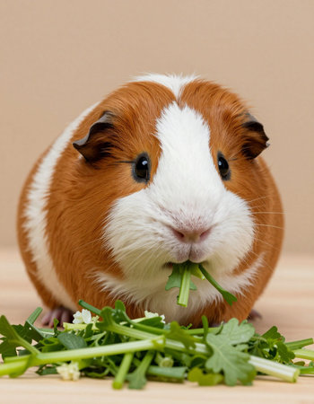 guinea pig eating parsley on a wooden table, studio shotの写真素材