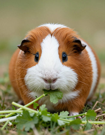 Guinea pig eating grass in the garden.の写真素材