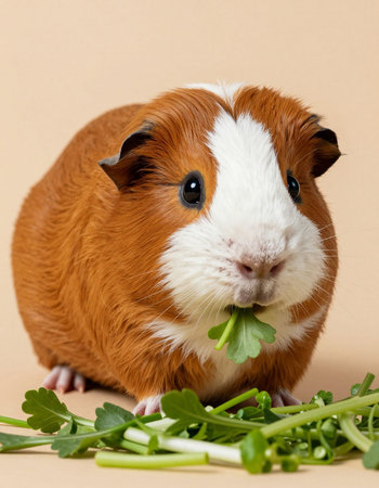 guinea pig with celery on beige background, close upの写真素材