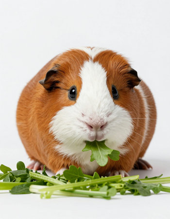 guinea pig eating rucola leaves isolated on a white backgroundの写真素材