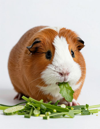 guinea pig with fresh green salad isolated on white background, studio shot