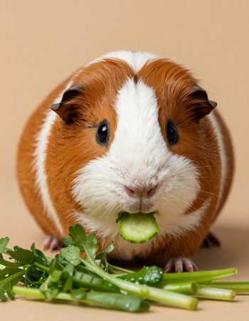 guinea pig with a cucumber in its mouth on a brown backgroundの写真素材