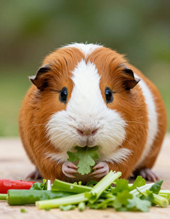 guinea pig eating fresh celery on wooden table with blurred backgroundの写真素材