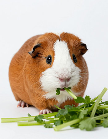 guinea pig with green celery isolated on white background, studio shotの写真素材
