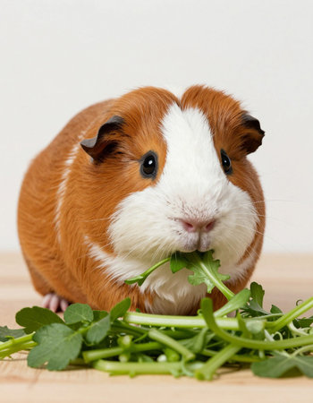 guinea pig eating parsley on a wooden table against a white backgroundの写真素材