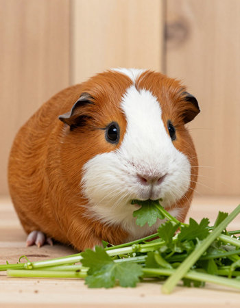 Guinea pig with green leaves on a wooden background, close-upの写真素材