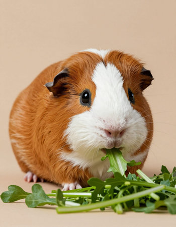 guinea pig with a bunch of arugula on a beige backgroundの写真素材