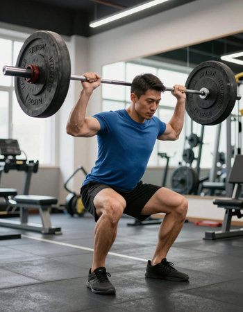 Young man lifting barbell at the gym. Looking at camera.の写真素材