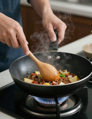 Man cooking beef stir fry in a wok on a gas stoveの写真素材