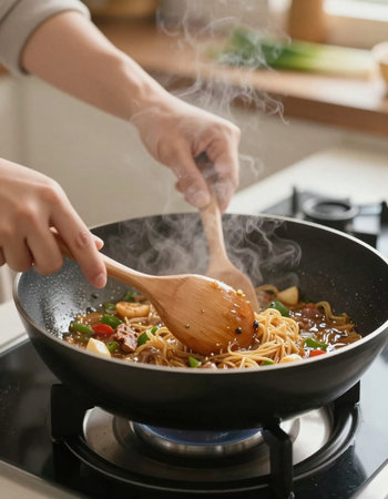 Woman cooking asian noodle in a wok on the kitchen