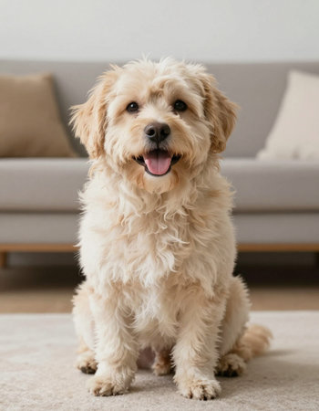 Cute dog sitting on carpet in living room. Pet care conceptの写真素材