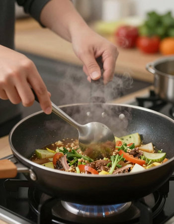 Close up of human hands cooking stir fry buckwheat with vegetablesの写真素材
